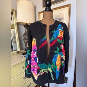 Vintage Quacker Factory Black Parrot Intarsia Cardigan with Multicolor Birds